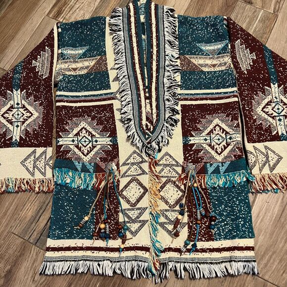Aztec Wrapper Native American Indian Vintage Tapestry Fringe Sweater NWOT - Picture 2 of 12